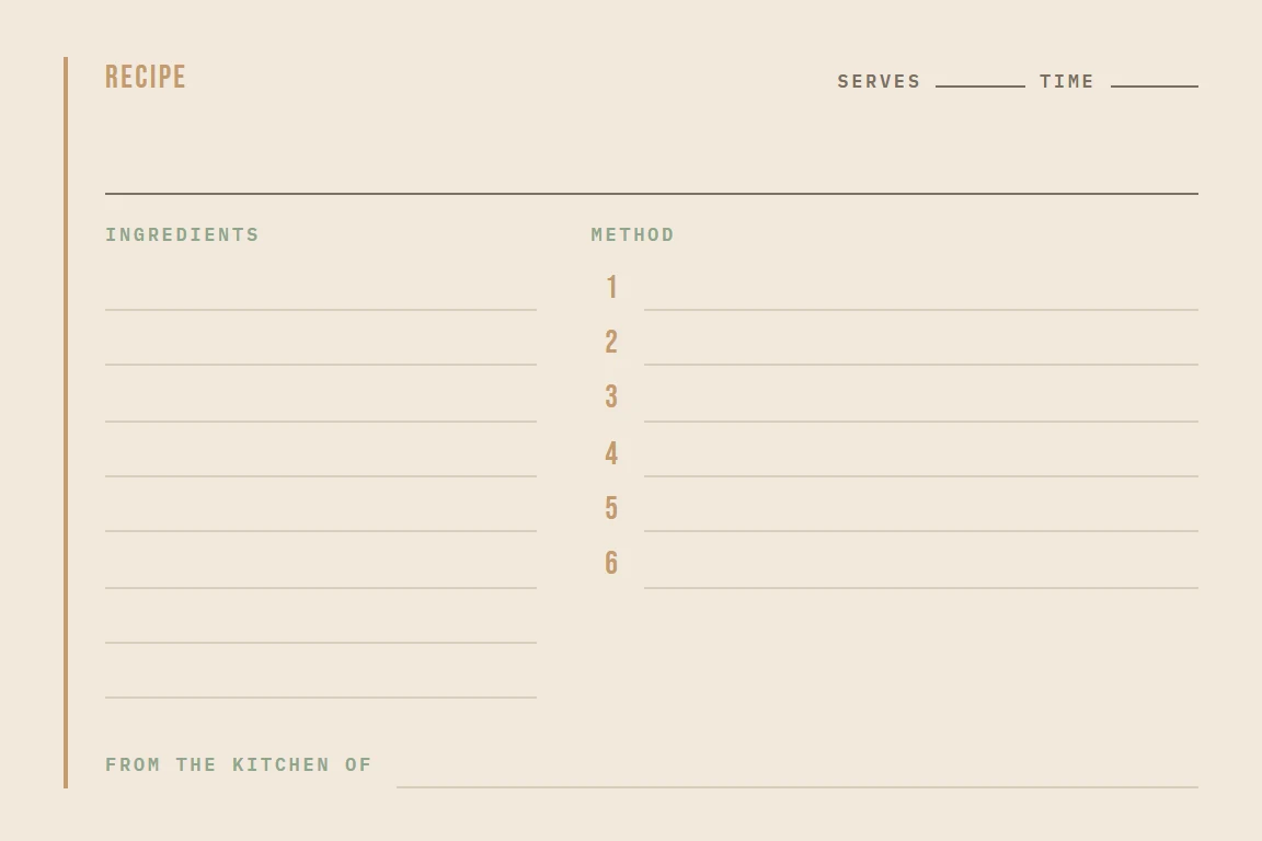 A blank Column recipe card: cream paper, an amber vertical rule, tall amber numerals beside ruled method lines