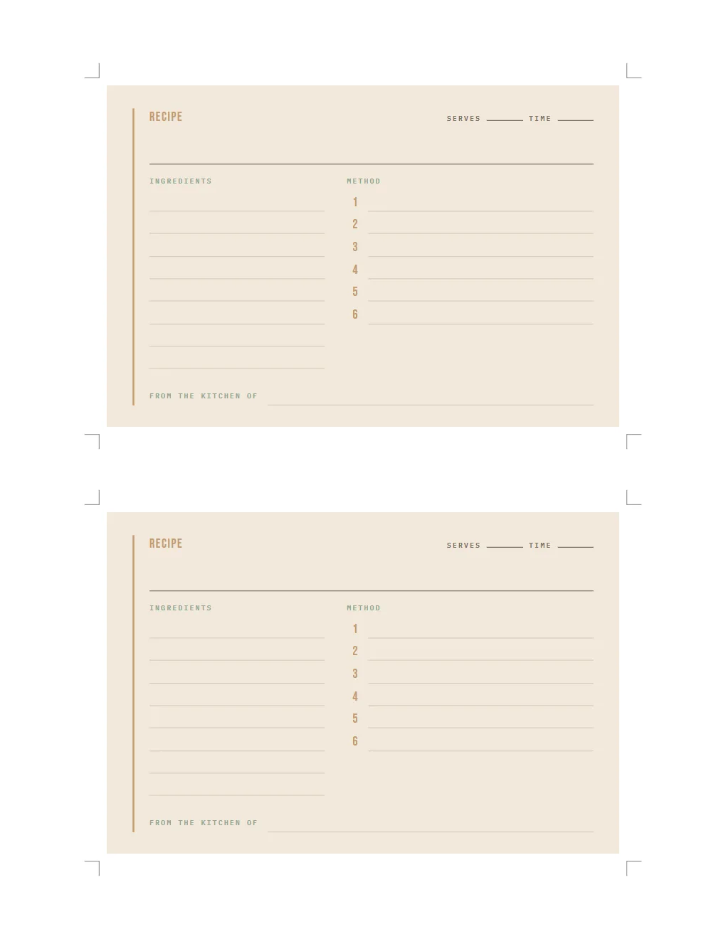 A Letter sheet with two blank Column recipe cards and crop marks at the corners of each