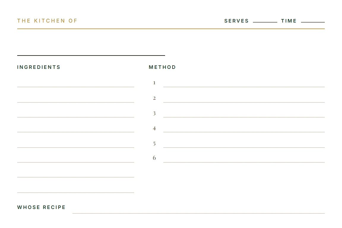 A blank Maison recipe card: white paper, a gold running head, small serif step numerals beside ruled lines