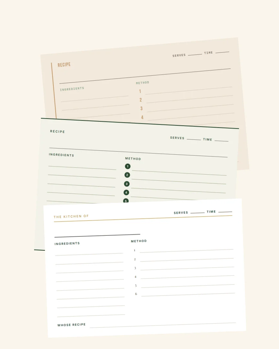 Three blank recipe cards — Column, Verdant and Maison — stacked on cream