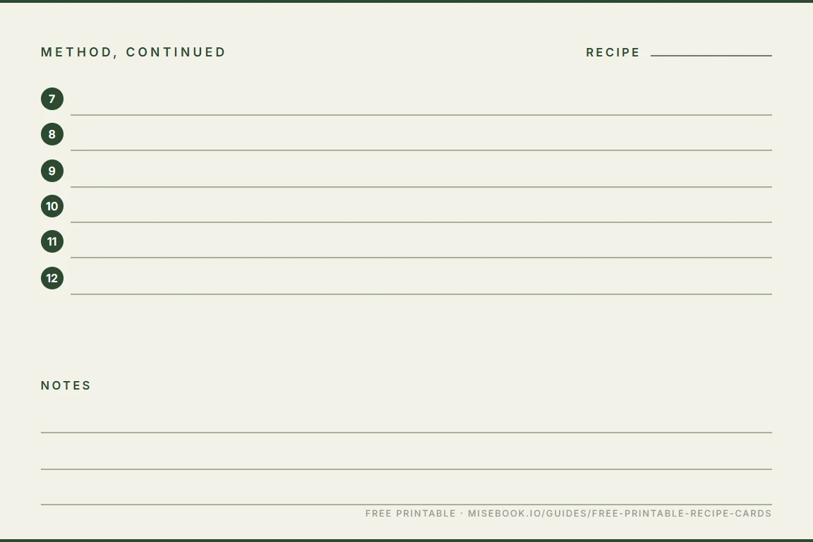 The back of a Verdant recipe card: method steps seven to twelve, then three ruled lines for notes