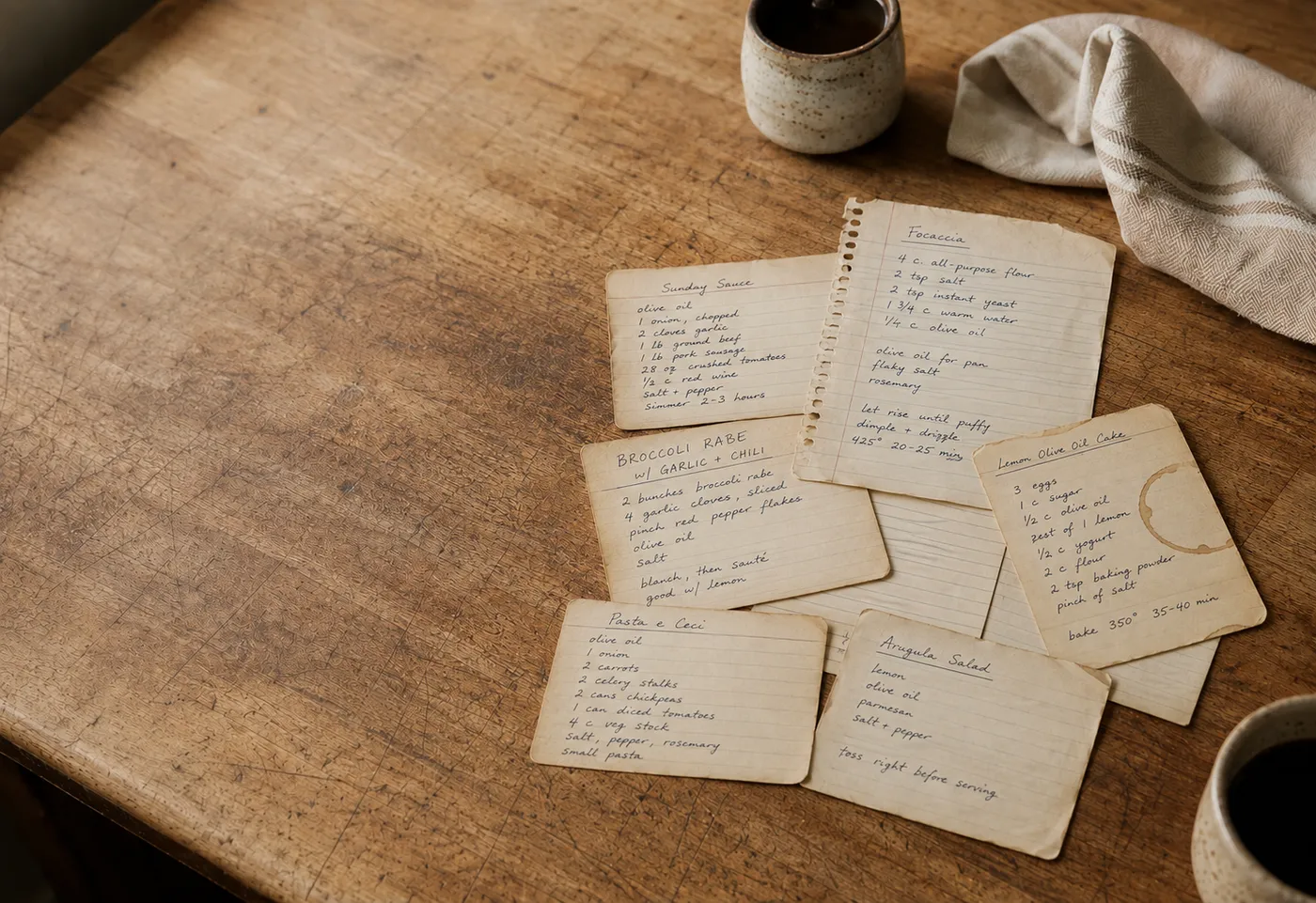 Loose recipe cards, screenshots and clippings scattered on a table