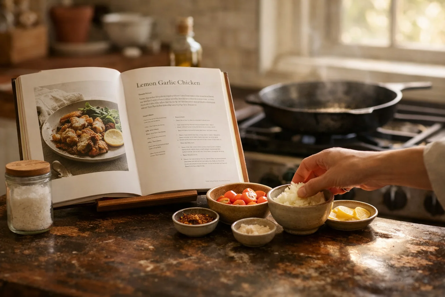 An editorial kitchen with a cookbook open on the counter