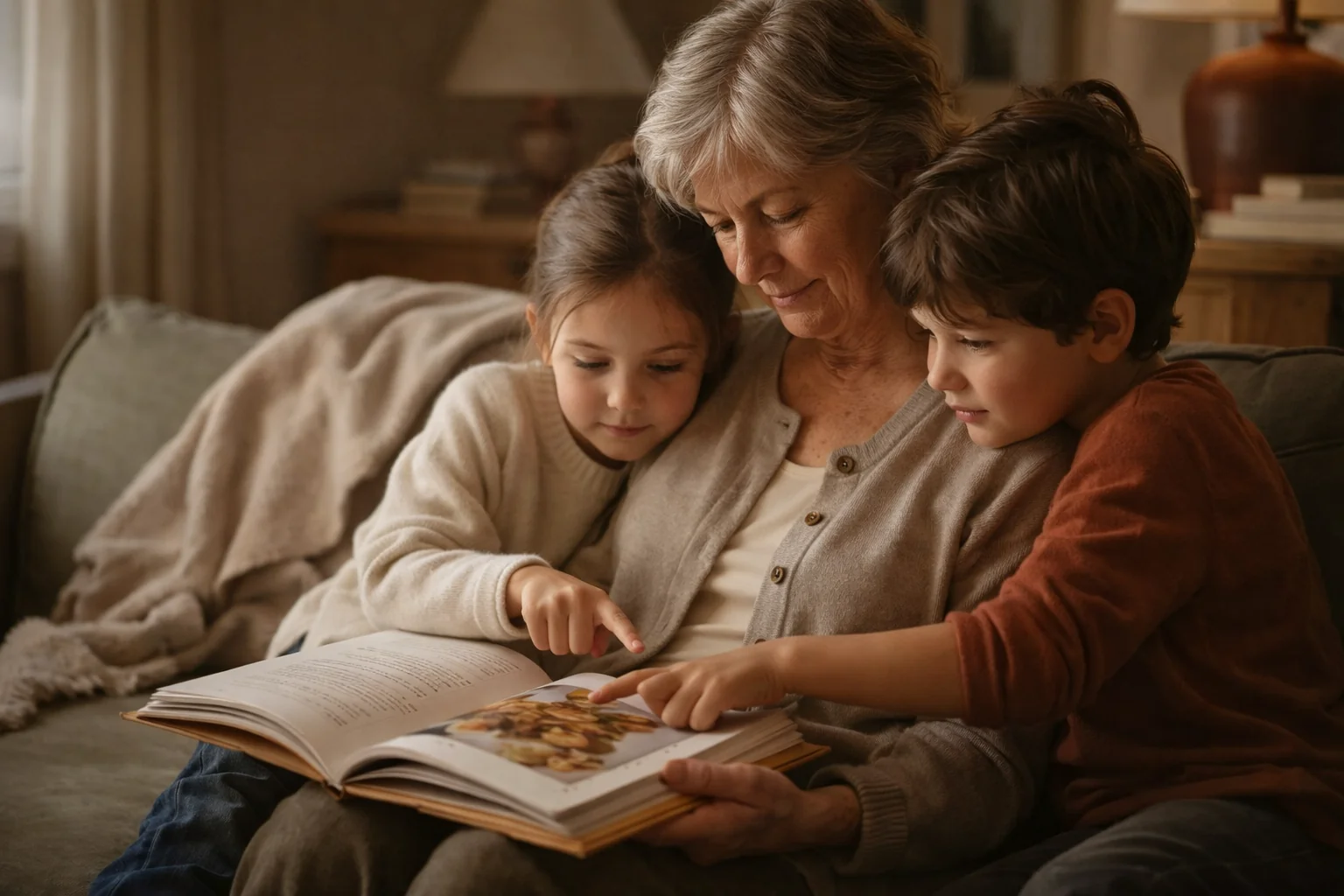 A grandmother and two grandchildren reading a printed cookbook together on the sofa