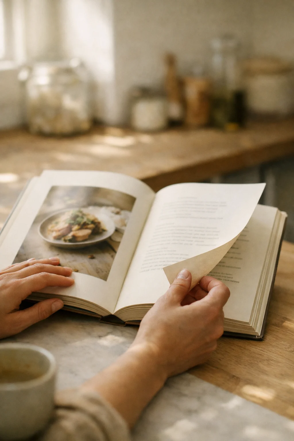 Hands turning the page of an open cookbook on a kitchen counter