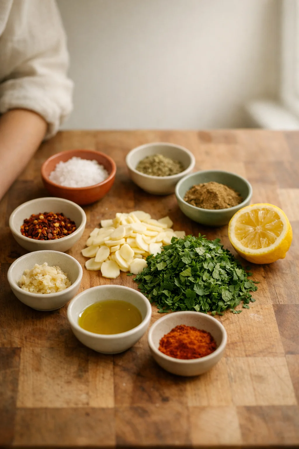 Ingredients laid out in small bowls on a wooden kitchen counter
