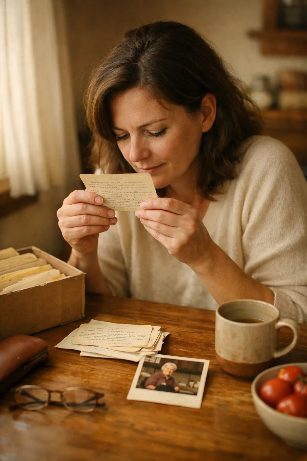 Reading a handwritten recipe card at the kitchen table, beside a box of family recipes