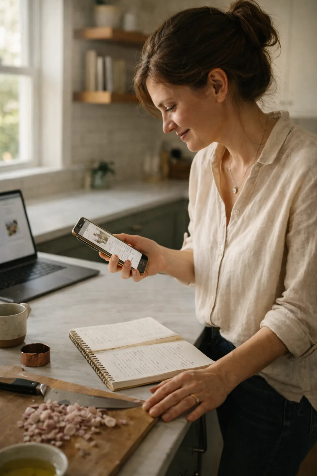 Scrolling saved recipes on a phone next to a printed cookbook